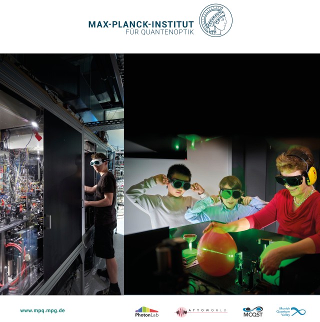 Collage of two photos: on the left a researchers wearing protection glasses is standing next to an optics experiement. On the right: a teachers shlows children what happens if a green laser goes through a red ballon.