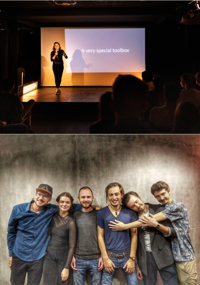 Up: Female researcher on stage. Down: Group foto of band members.