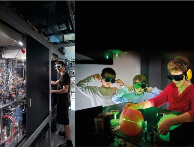 Collage of two photos: on the left a researchers wearing protection glasses is standing next to an optics experiement. On the right: a teachers shlows children what happens if a green laser goes through a red ballon.