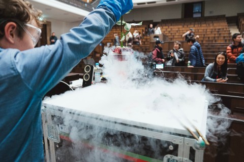 The public had the chance to freeze roses with liquid nitrogen at the end of the public talk.