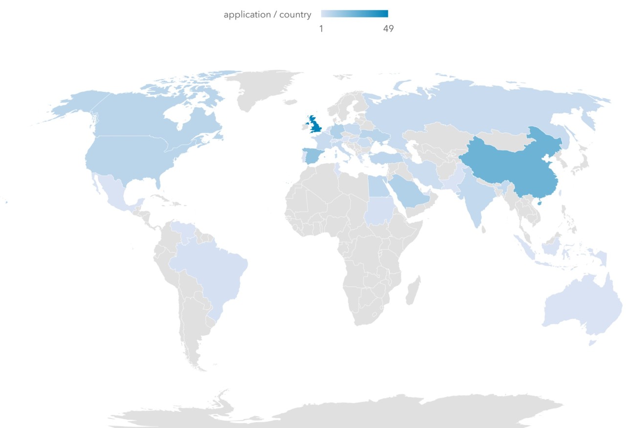 Map diplaying applications distribution according to country of home institutions.