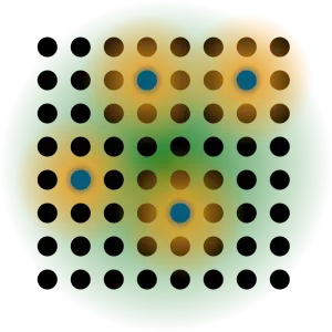 Illustration of the proposed experiment. Atoms (blue) move in an optical lattice (black), and in a potential (green). At the same time, they repel each other (yellow field). This situation is an analogy to quantum chemistry, where electrons move in a vacuum, experience a potential through the positively charged atomic cores, and repel each other.