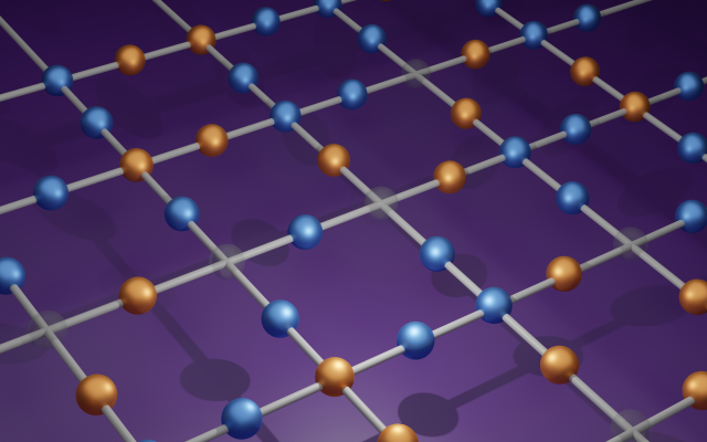 Illustration of a grid with atoms on each side, illustrating a lattice for quantum simulation. 