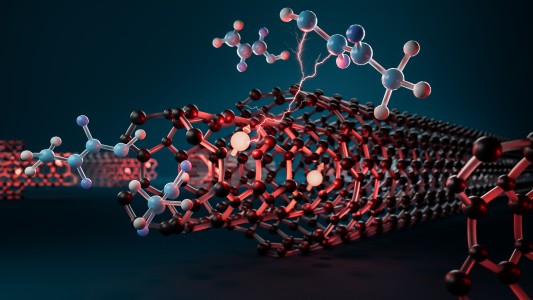 Artistic representation of optically active spin defects embedded within the walls of boron nitride nanotubes act as atomic scale probes that directly interact with molecules confined inside the nanopores or in the surrounding environment. 