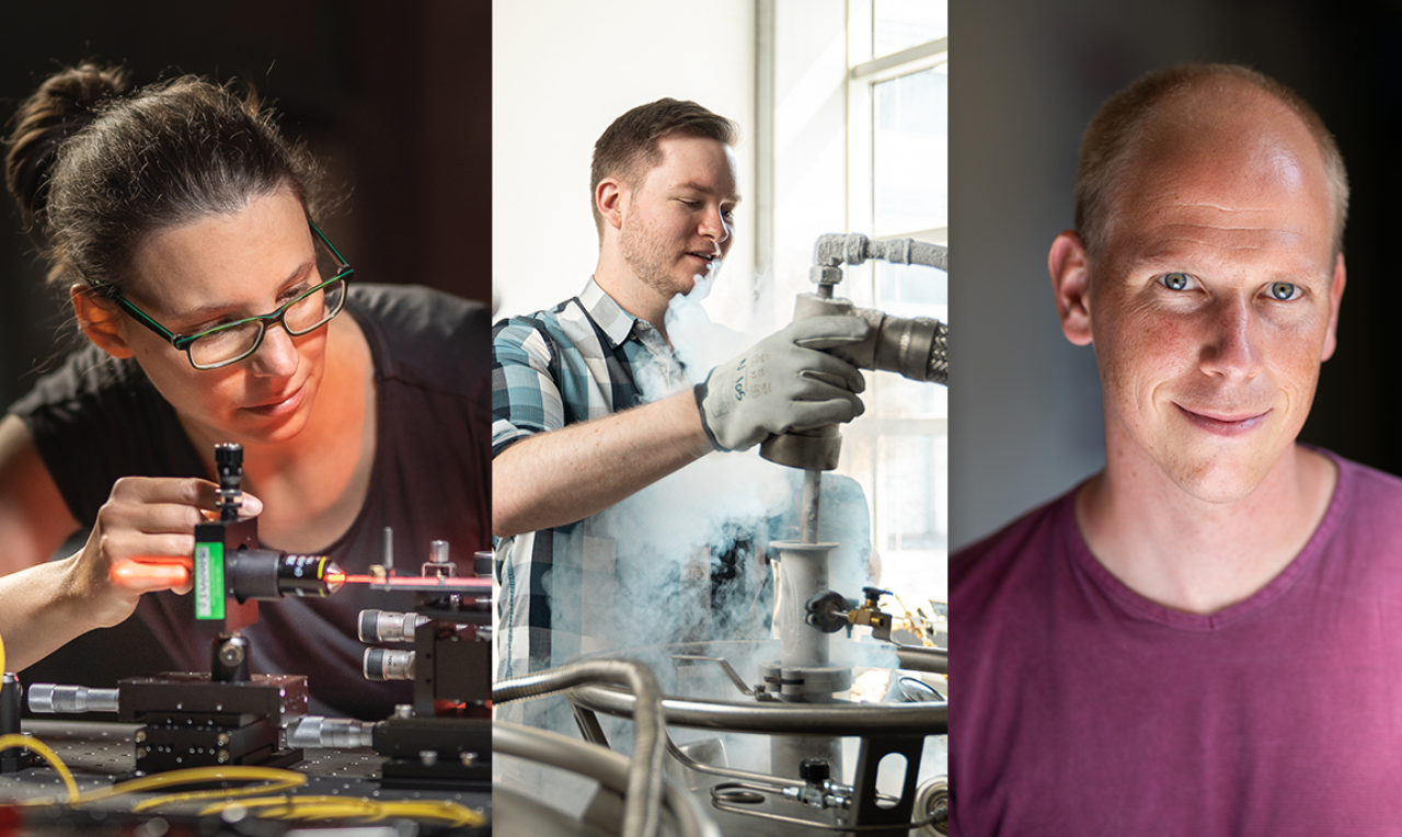 Collage of images showing three MCQST start fellows in their laboratories.