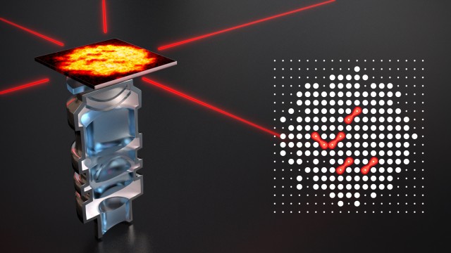 The picture shows an artistic view of the high resolution objective used in the experiment, which is looking at a single plane of atoms in an optical lattice formed by the red laser beams. The right image shows the reconstructed lattice site occupation, where the Rydberg molecules are identified as missing pairs of atoms (red).