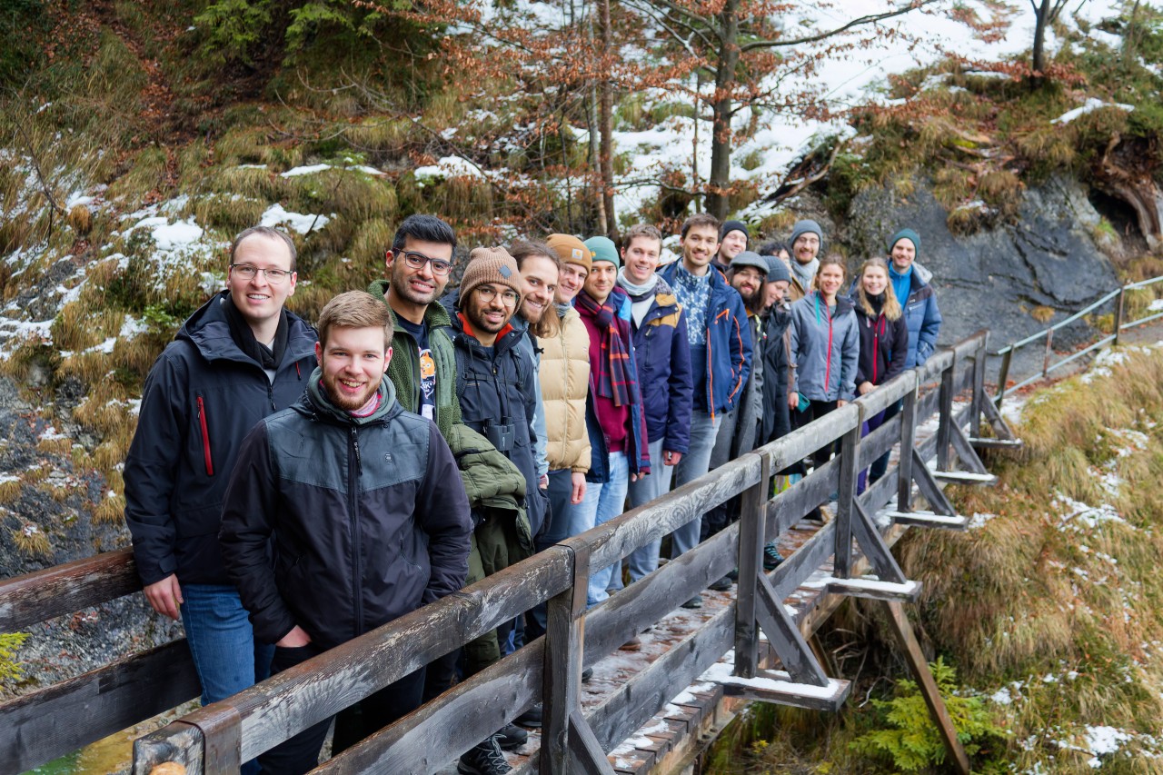 Group foto while hiking of students at the MCQST PhD Winter Workshop.