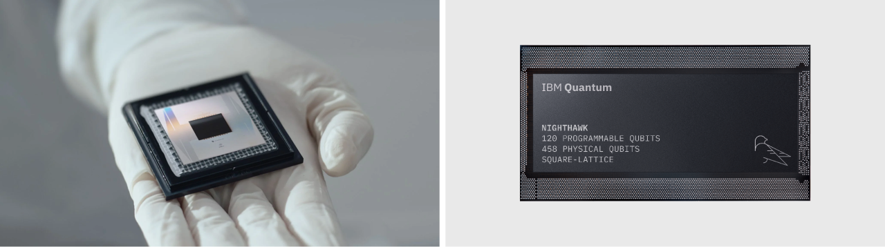 Images of Google’s Quantum AI Willow chip and IBM's Nighthawk chip.